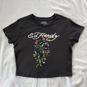 Ed by Ed Hardy Cropped Graphic Baby Tee Charcoal Gray Shortsleeve | Size M